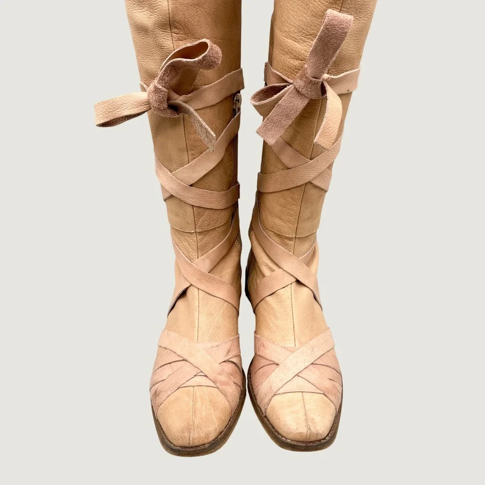 Free People Womens 37 6.5 West End Over The Knee Boots Camel Leather Gladiator